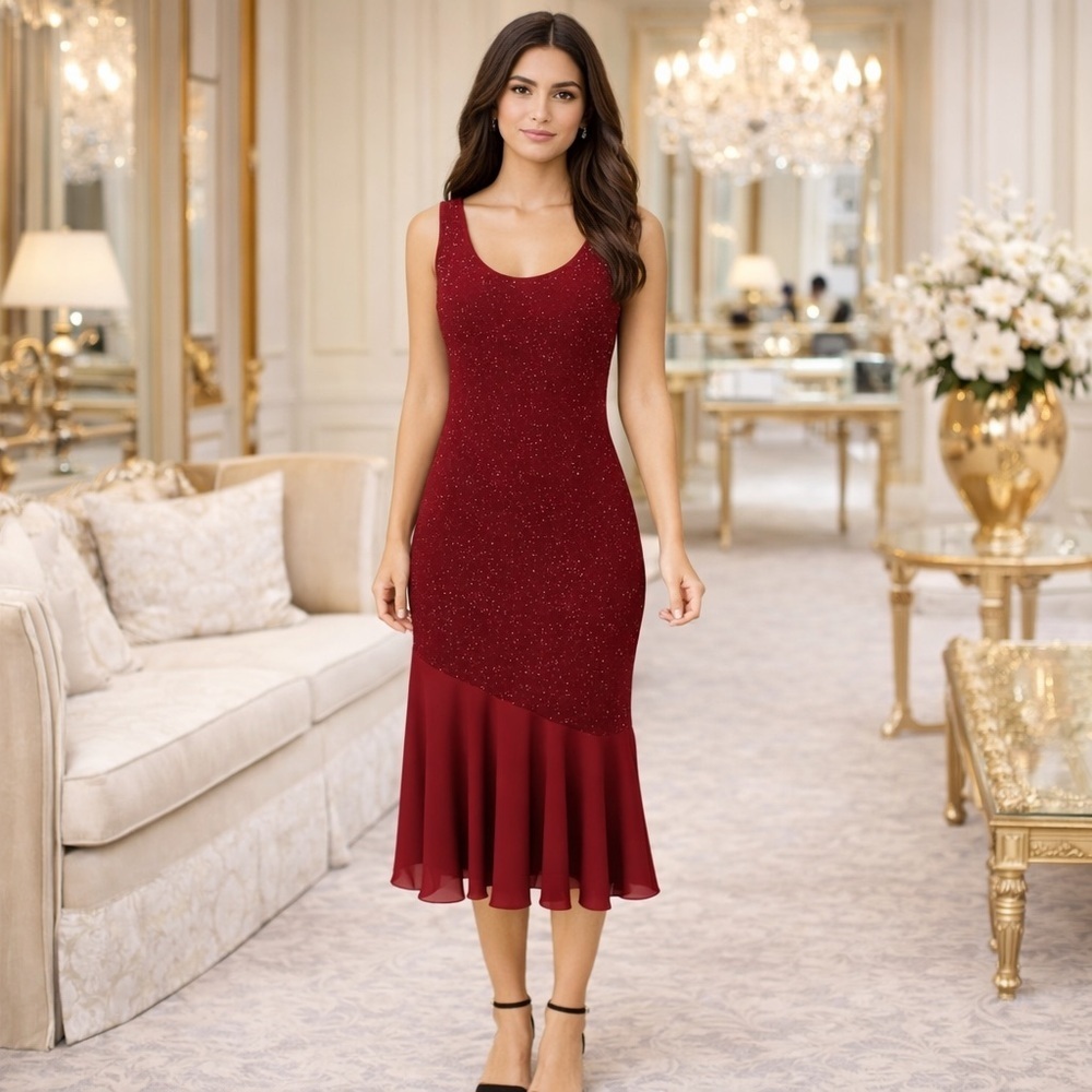 Monroe & Main 16W Glitter Dress NWT Mermaidcore Asym Hem Glam Formal Burgundy